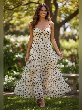 ANEWSTA Cream Polka Dot Flowy Tiered Ruffle Maxi Dress‎ Size L Romantic